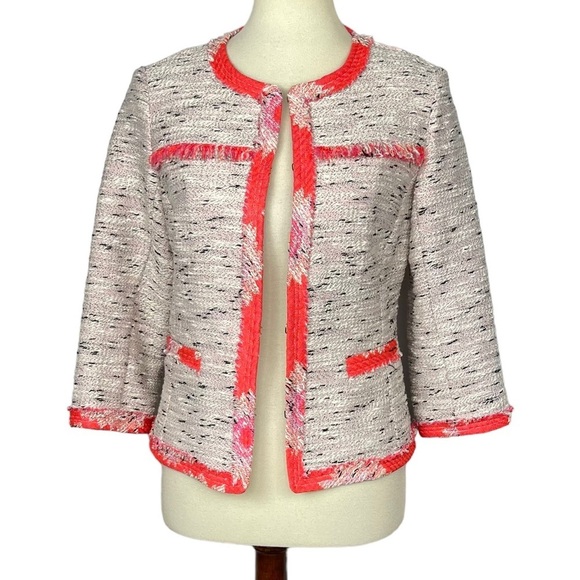 Trina Turk Jacket Women 2 Ivory Black Coral Pink La Brea Texture Jacquard Fringe - Picture 1 of 15